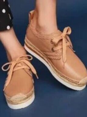 See by Chloe Tan Glyn Leather Platform Scalloped Espadrille Lace Up Sneaker sz 6